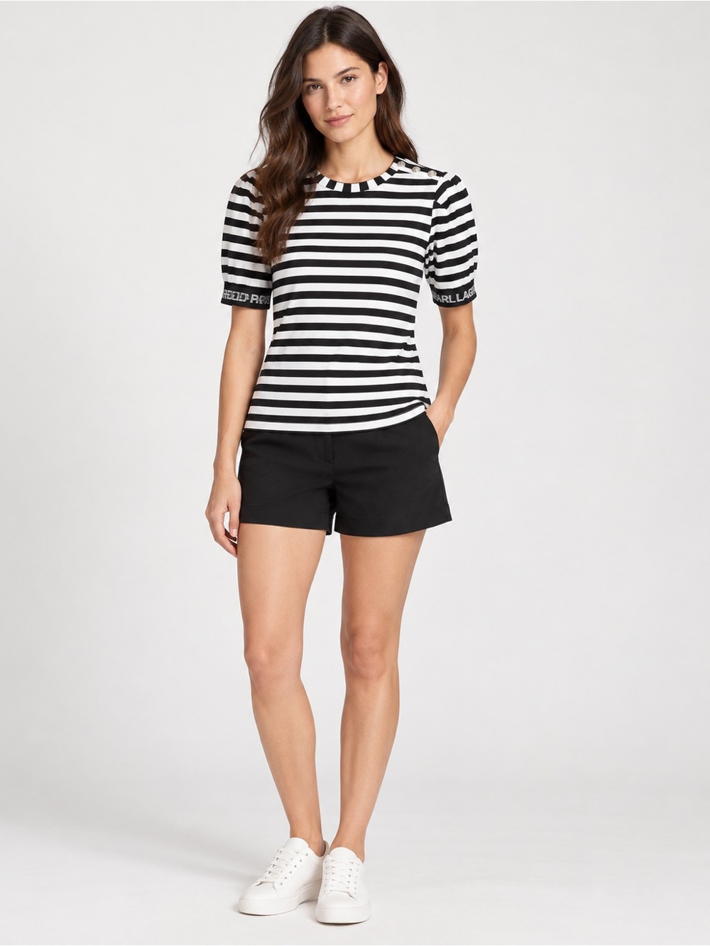 Karl Lagerfeld Paris Striped Puff Sleeve Logo Cuff Top XS